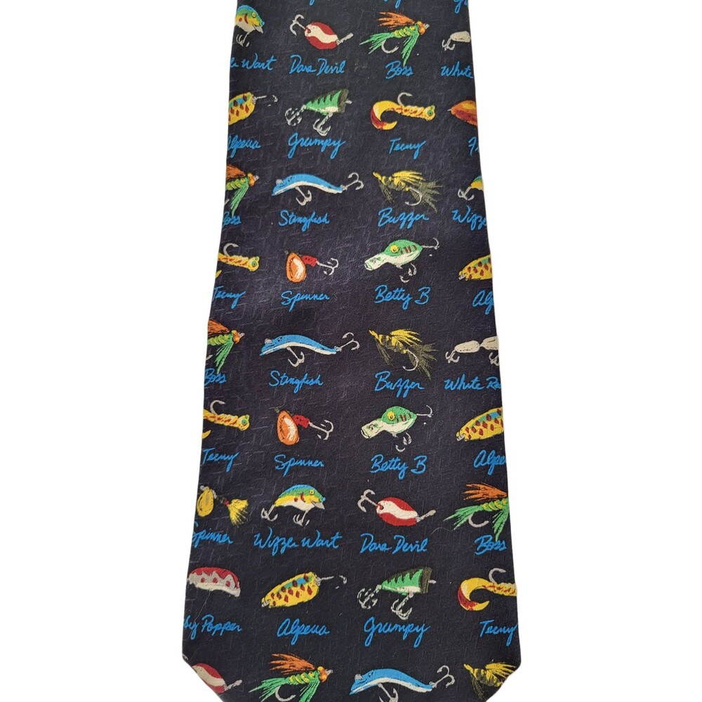 Puritan Men's Necktie Tie Silk Fishing Lures Theme Navy Blue